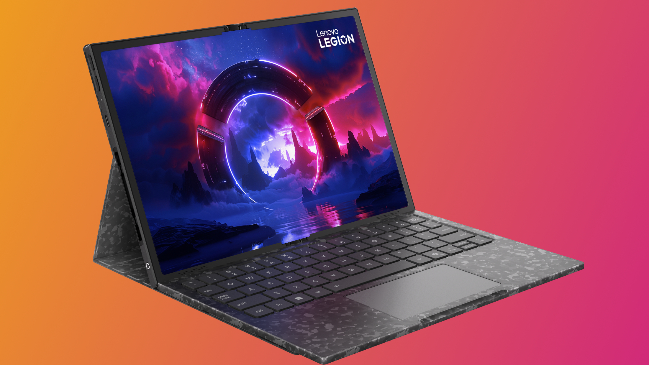 A look at the expanded desktop mode with keyboard attached to the Legion Go Fold concept.