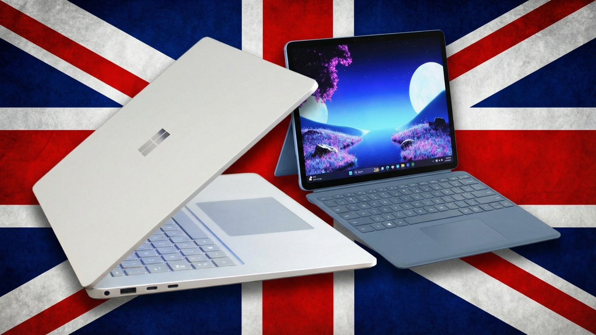 Microsoft Surface Laptop 7 и Surface Pro 12-дюймовый на фоне флага Великобритании