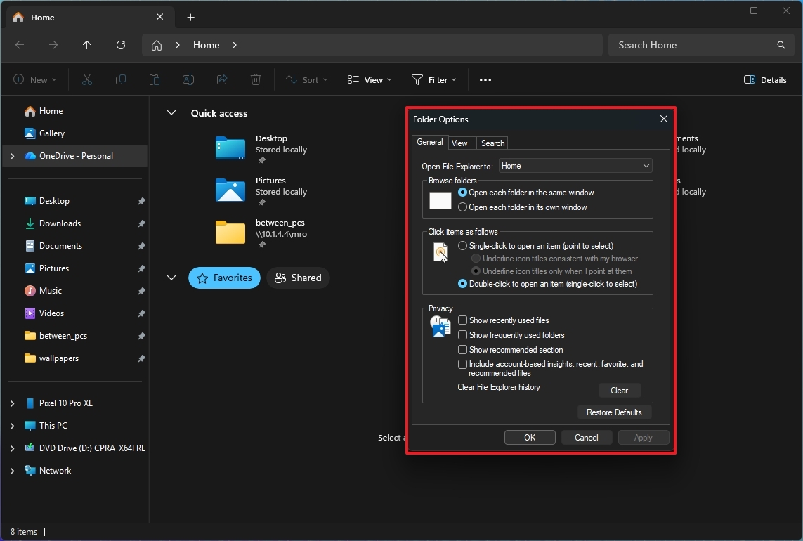 Темная тема в параметрах папок File Explorer