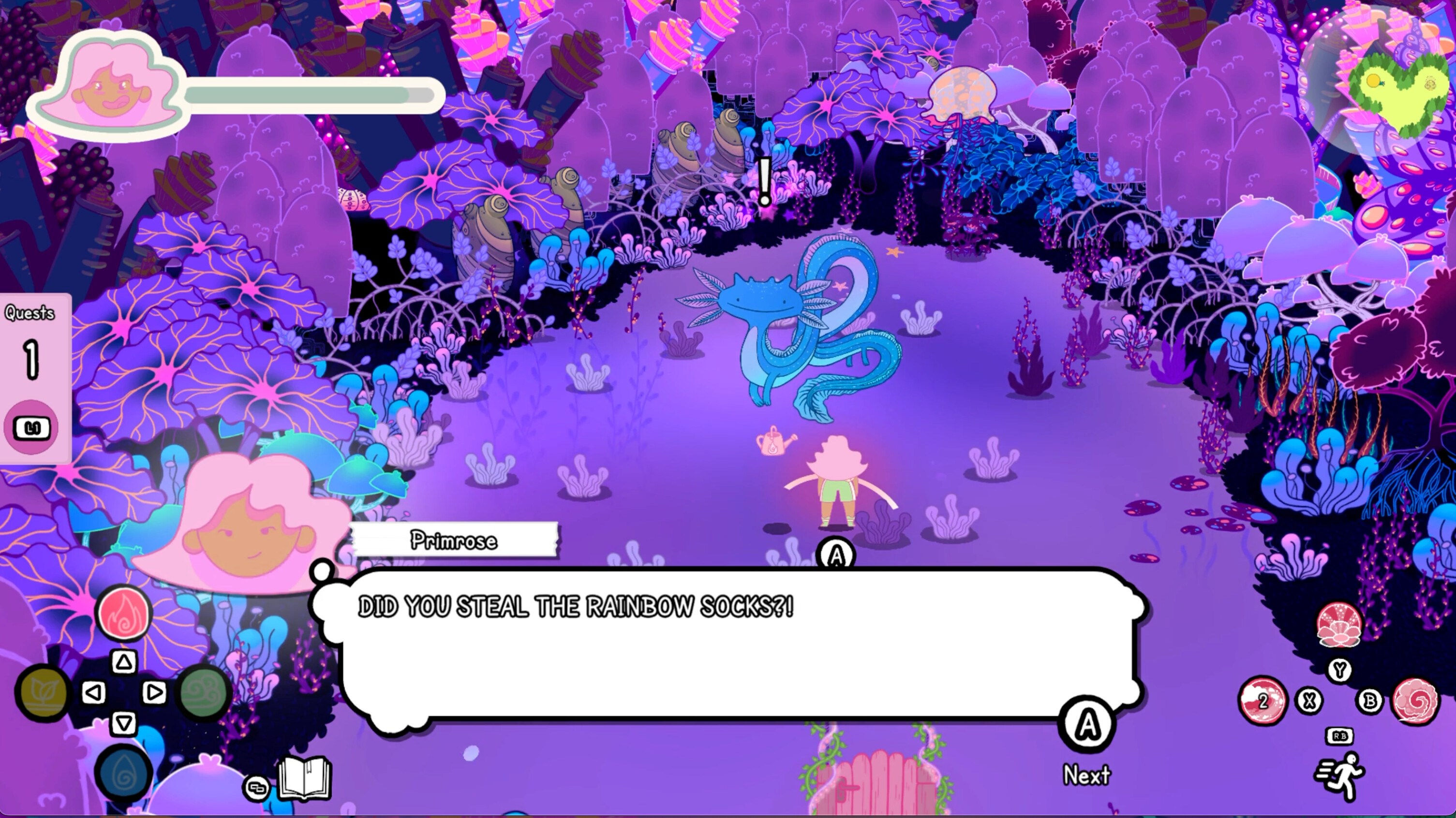 Grimoire Groves character Primrose interrogates a creature about the mystery of the rainbow socks.