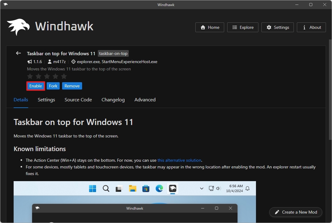 Taskbar on top Windhawk mod