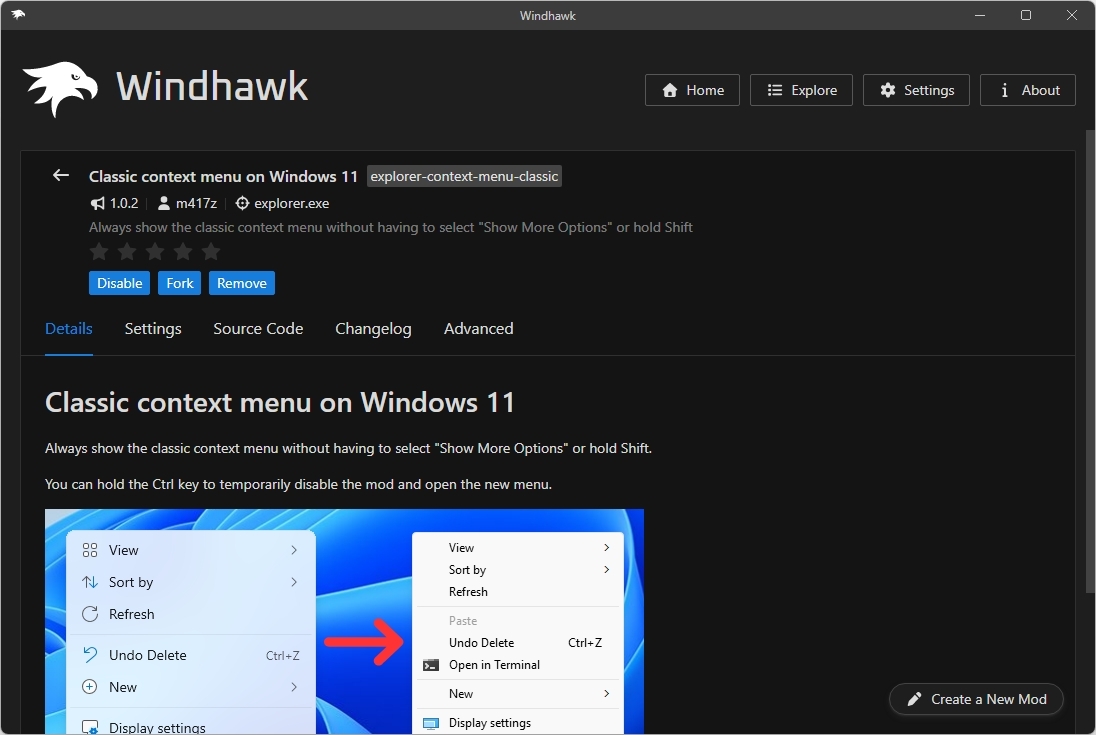 Windhawk classic context menu