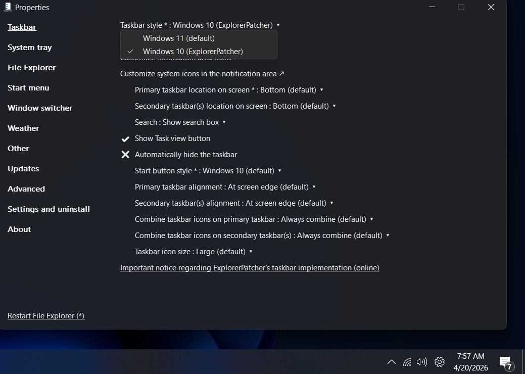 The Windows 10 version of the Taskbar with ExplorerPatcher window open above.