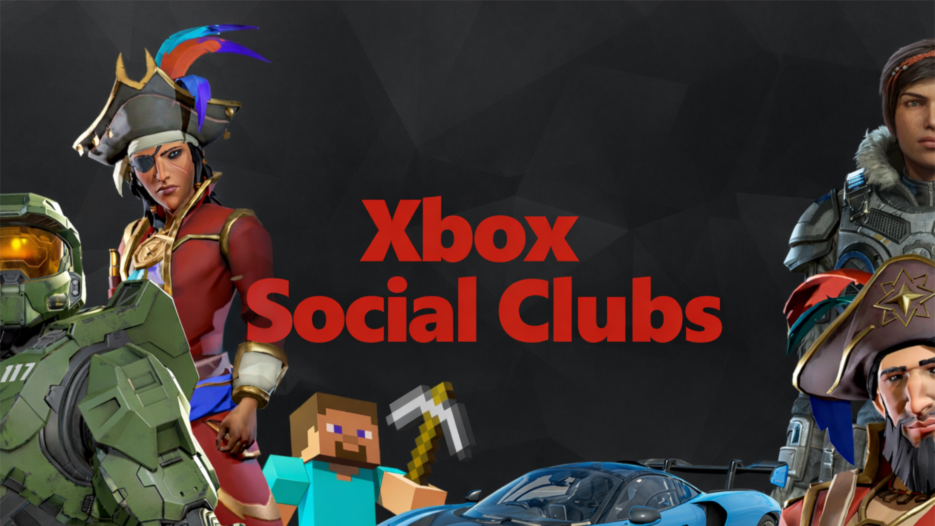 "Collage of video game characters, including Master Chief, Sea of Thieves, and Minecrafts Steve, surround the text 'Xbox Social Clubs' on a dark background."