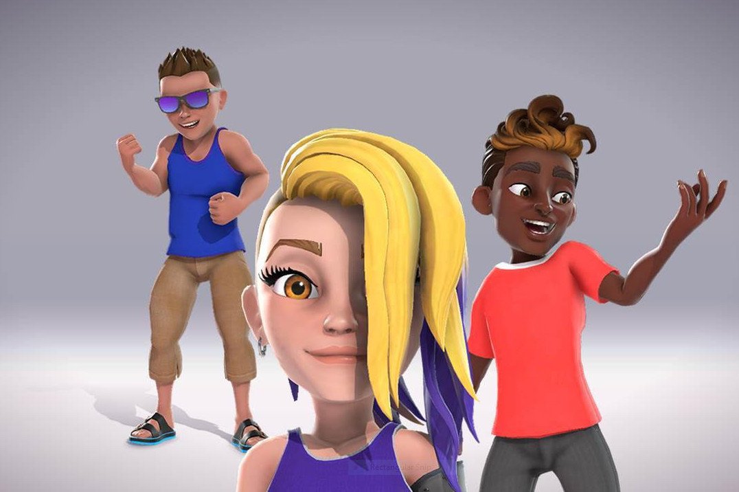 Three animated Xbox Avatars pose joyfully. A person with a blonde asymmetrical hairstyle stands in front, with two others, one in a blue shirt and another in red, behind.