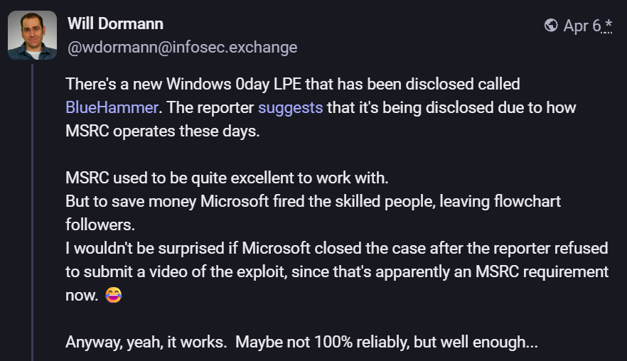 Will Dormann confirms BlueHammer works