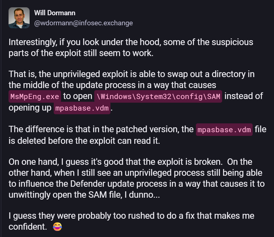 Will Dormann's comment on MSRC