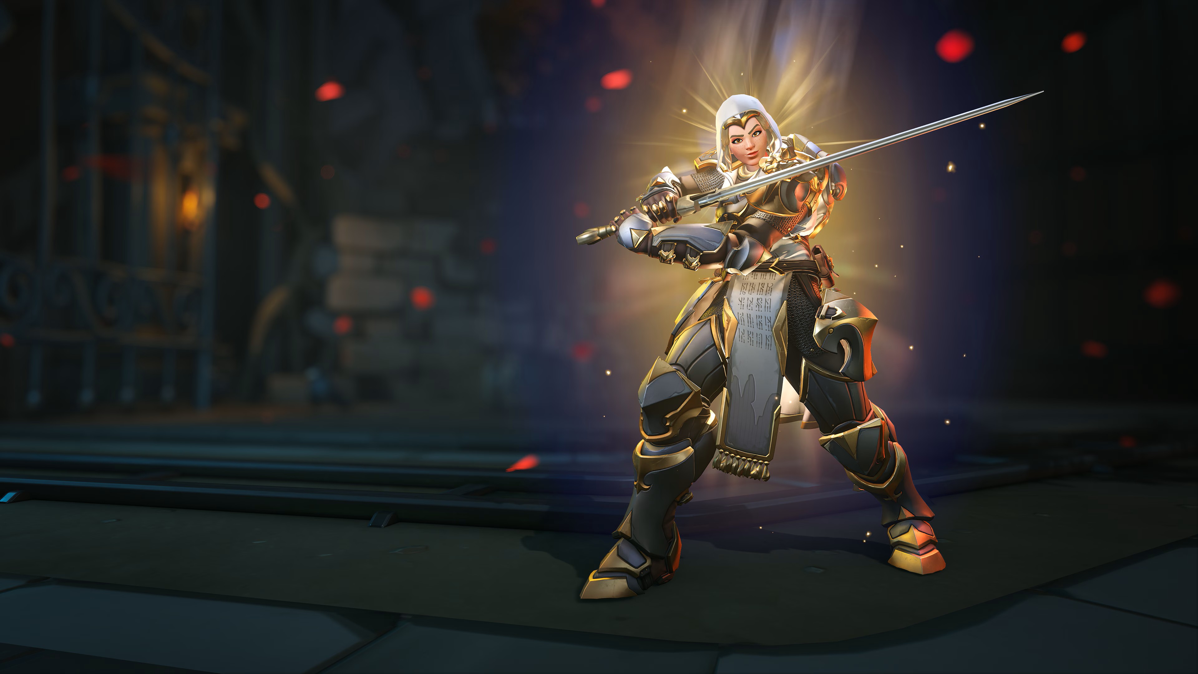Armored warrior with a sword, bathed in golden light, stands confidently in a dim, stone-walled room with red embers floating around.