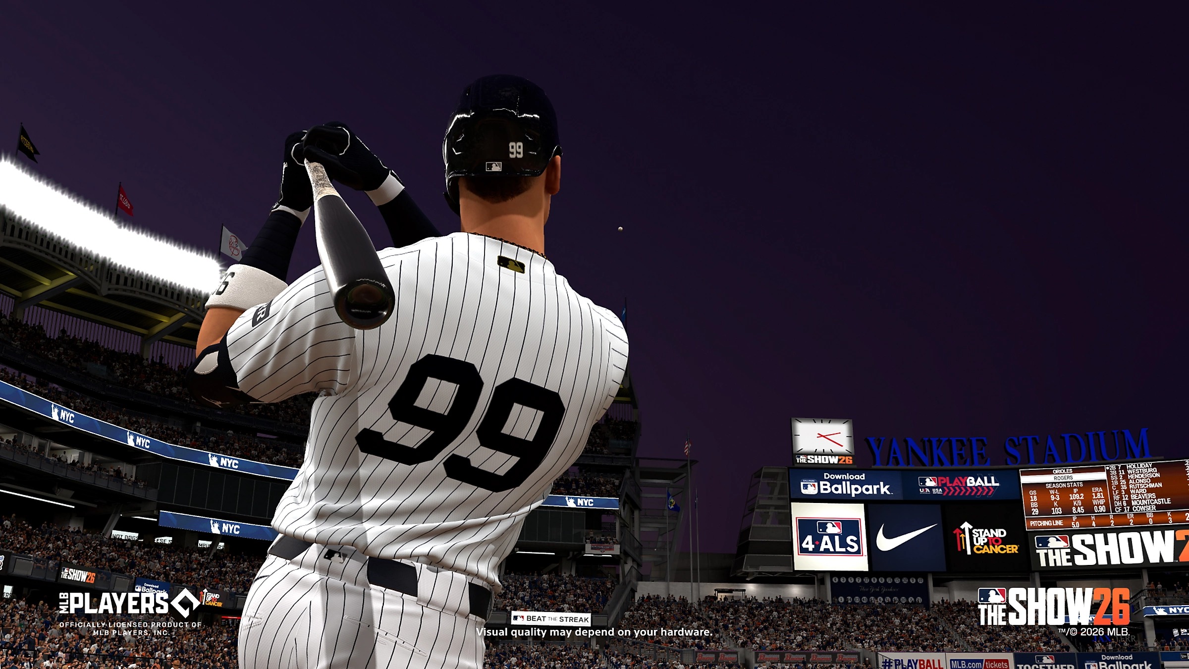 Baseball player in pinstriped jersey, numbered 99, swings bat at Yankee Stadium. Night setting, large crowd, scoreboard visible. Energetic atmosphere.