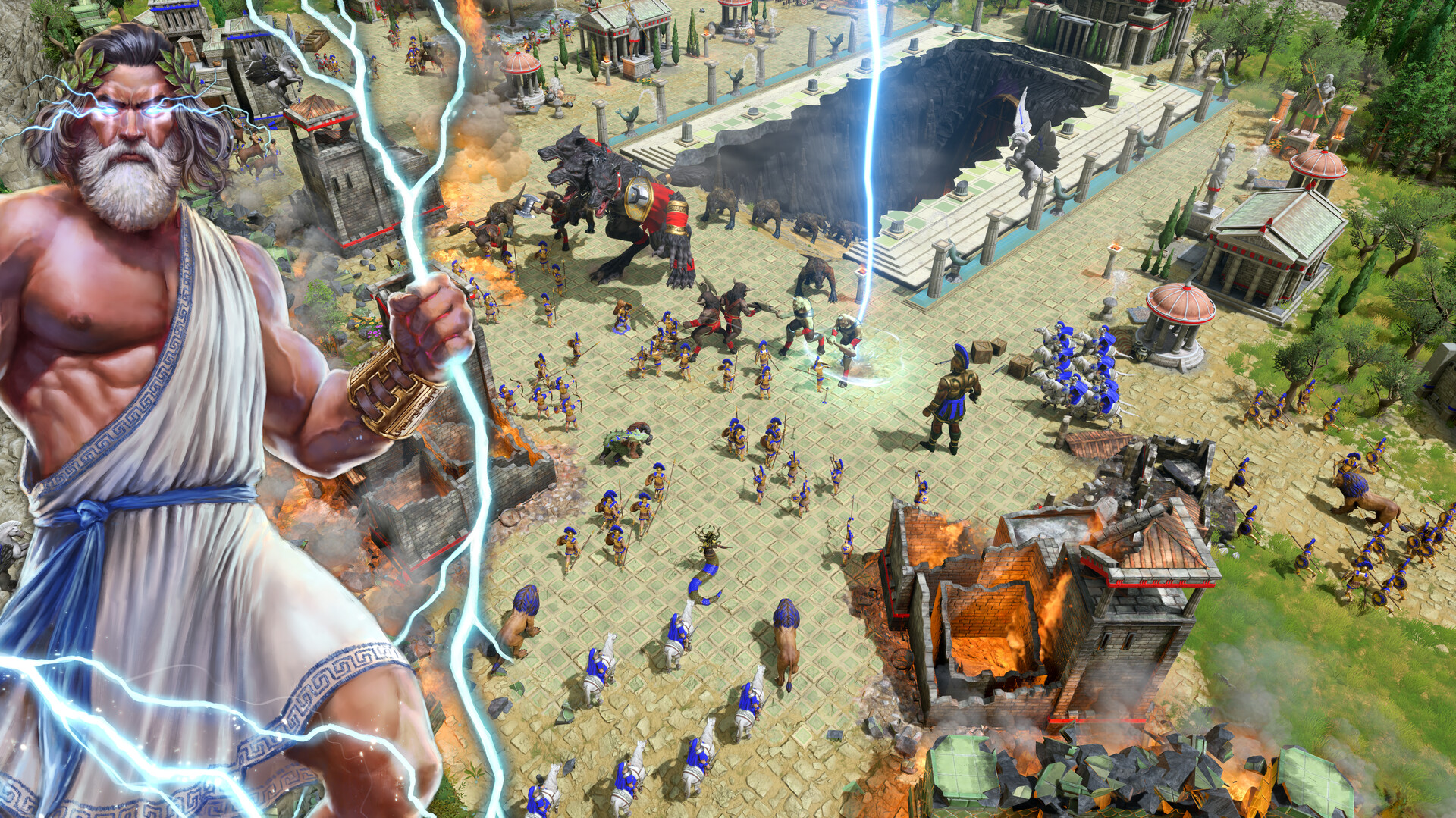 A muscular, bearded god with a lightning bolt dominates the left, while an epic battle with mythical creatures and warriors unfolds in an ancient cityscape.