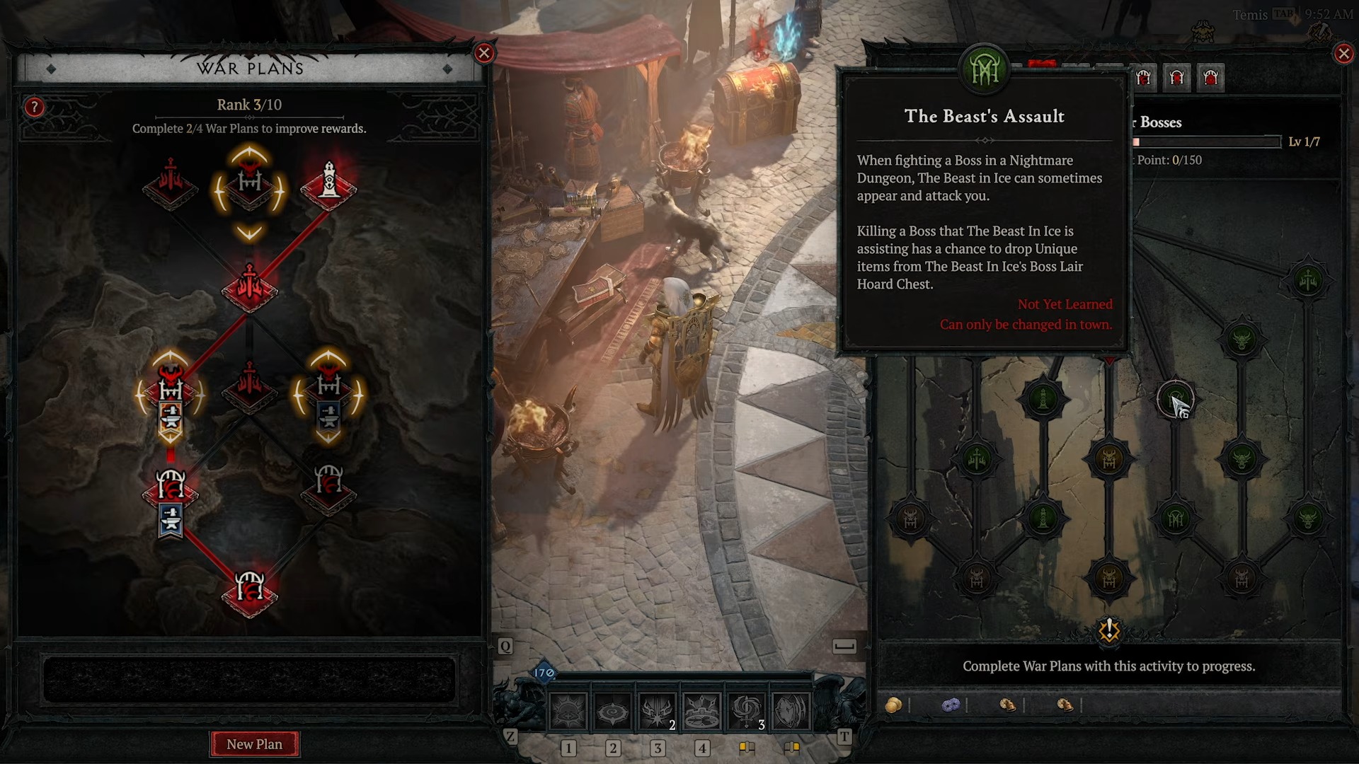 A video game interface shows a skill tree and quest description. On the left, the "War Plans" skill tree features red and gold icons. On the right, "The Beast's Assault" quest text appears.