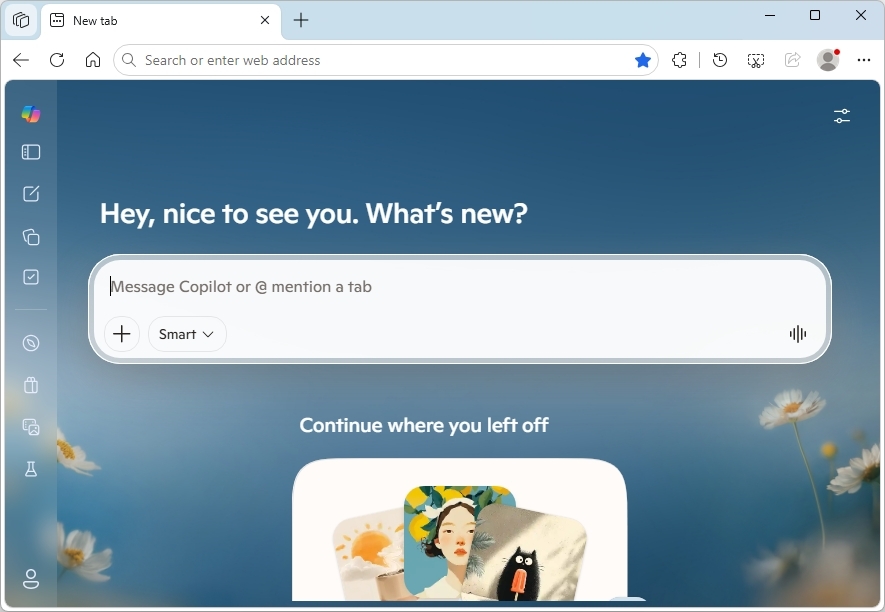 Browser window with a calm blue background featuring daisies. Text reads, "Hey, nice to see you. What's new?" with a search bar for "Message Copilot."