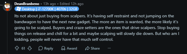 Reddit post by user DeanBranbeno discusses avoiding scalpers by showing self-restraint when buying new gadgets. Tone is critical and reflective.