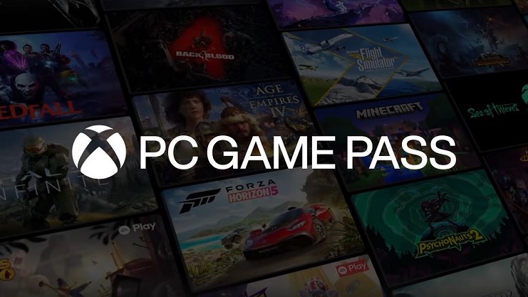 Xbox logo above "PC Game Pass" text, centered over a collage of popular video game covers, including "Minecraft" and "Forza Horizon 5". The image conveys excitement and diversity in gaming.