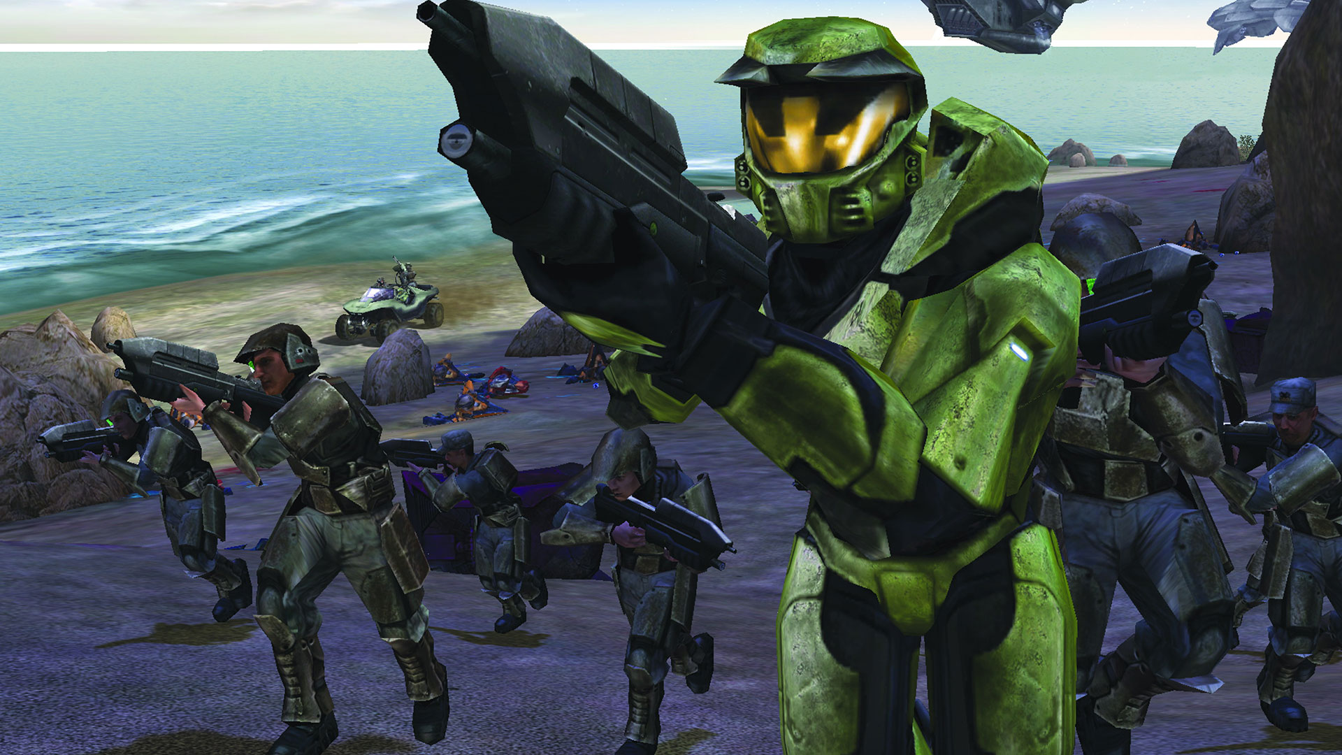 MAsterchief and UNSC Marines hitting the beach in The Silent Cartographer