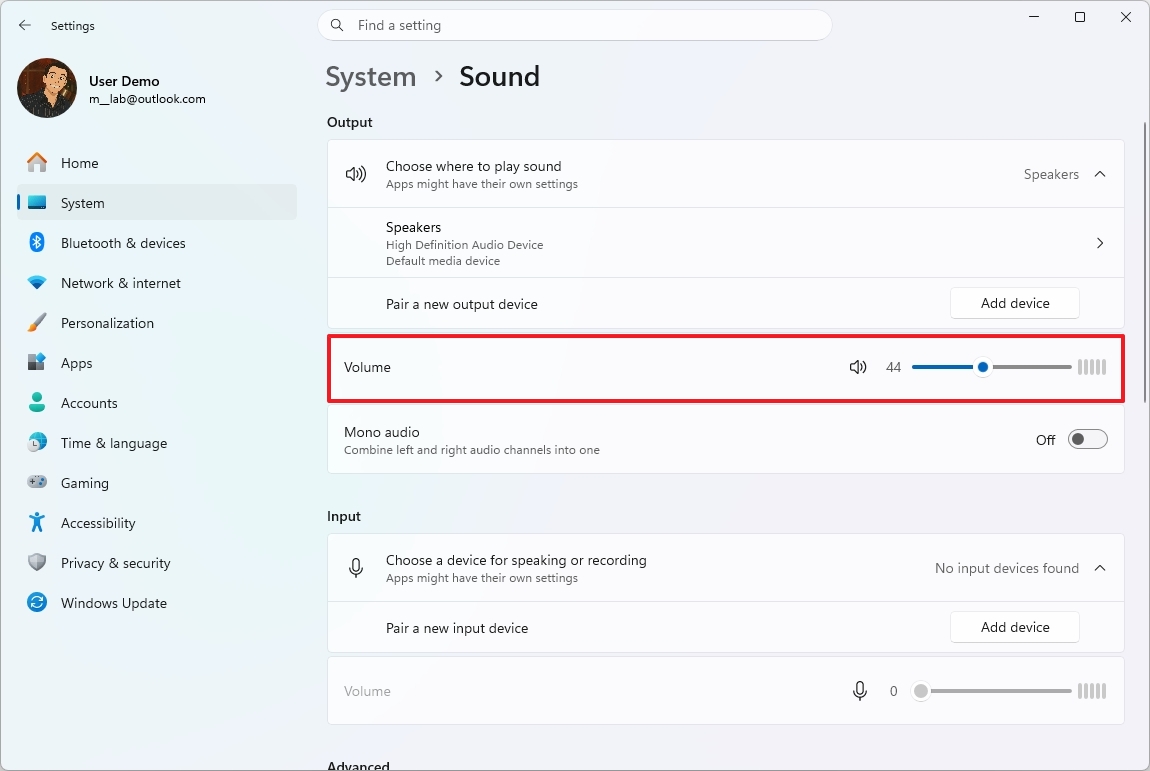 Sound settings new volume indicator