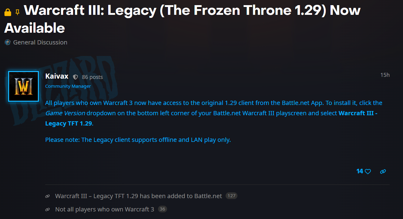 Объявление о доступности "Warcraft III: Legacy". Подробности о доступе к клиенту 1.29 через Battle.net. Тон информативный и технический.