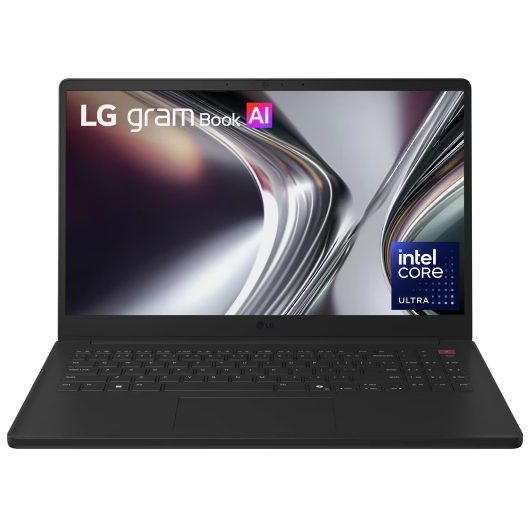 A sleek black LG Gram laptop with a vibrant screen displaying the text "LG Gram Book AI" and "Intel Core Ultra." Modern and high-tech appearance.