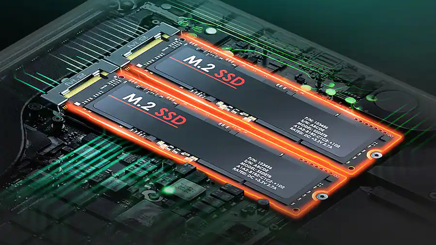 Two M.2 SSDs are mounted on a circuit board, glowing with orange light. Green circuitry lines highlight the tech theme, conveying speed and efficiency.