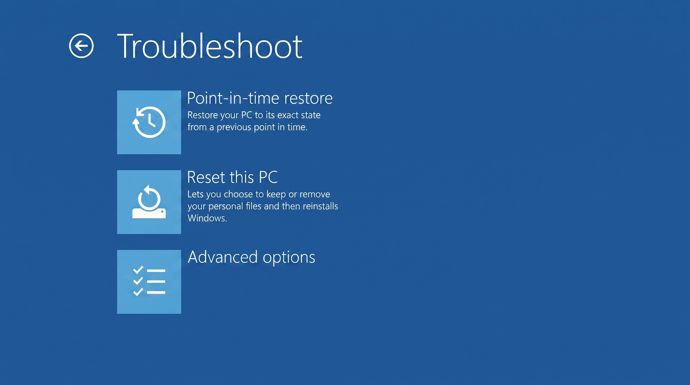 Troubleshoot screen with options: 'Point-in-time restore' to revert PC, 'Reset this PC' for reinstalling Windows, and 'Advanced options.' Blue background.