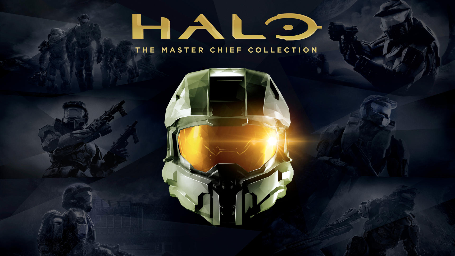 Master Chief with a reflective visor is centered, surrounded by dark, silhouetted soldiers in action. The text reads "Halo: The Master Chief Collection."