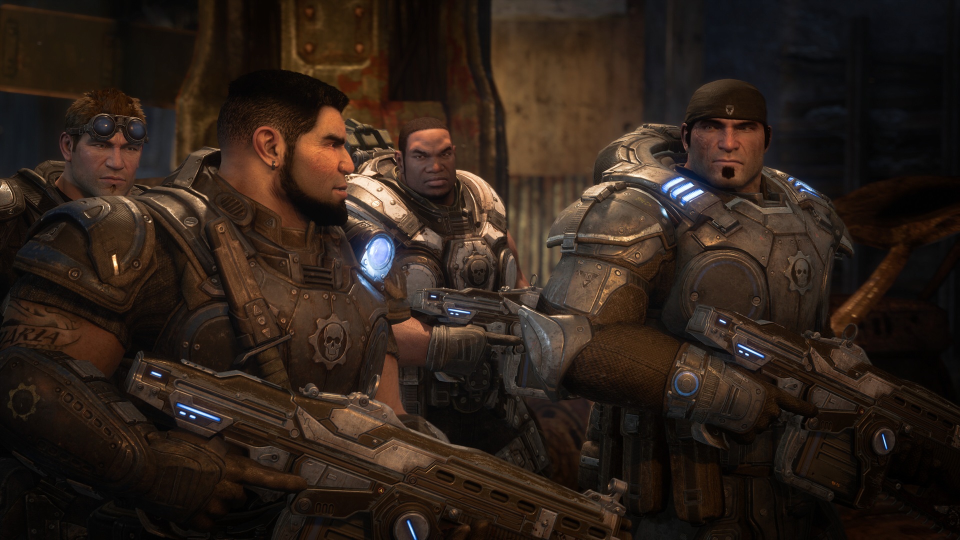 Four cog soldiers from Gears of War stand ready with futuristic weapons, displaying determination. The setting is dark and industrial, suggesting a tense battle ahead.