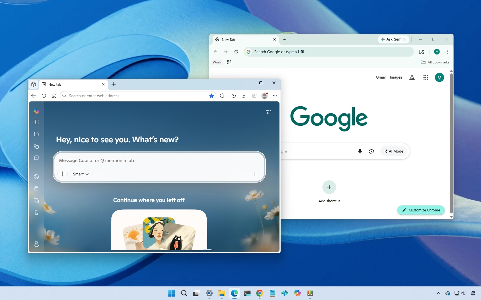 A desktop screen displaying two web browser windows. The left window shows a warm welcome message and search bar, the right window displays the Google homepage. Bright, modern interface.