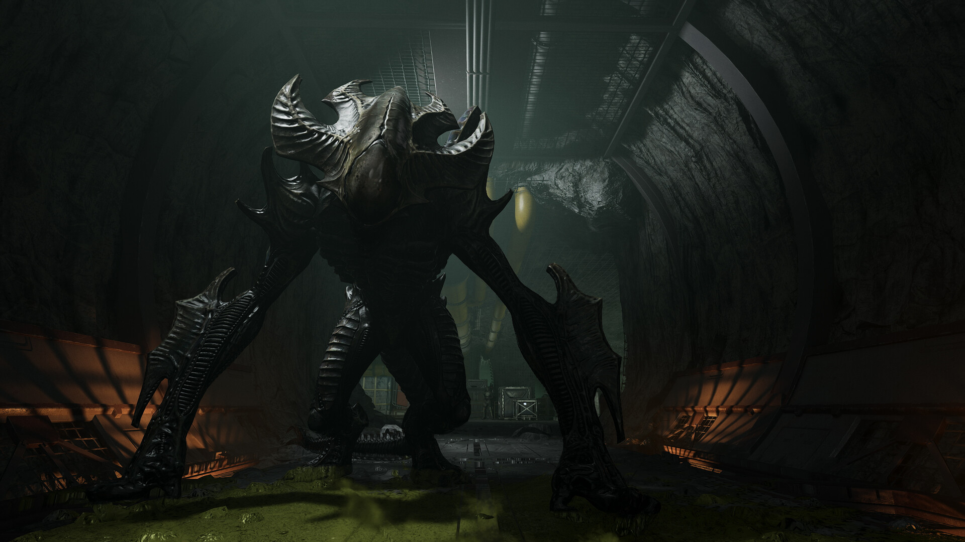 A massive, dark alien creature with four legs and menacing horns stands in a dimly lit tunnel. Its presence is ominous and imposing.