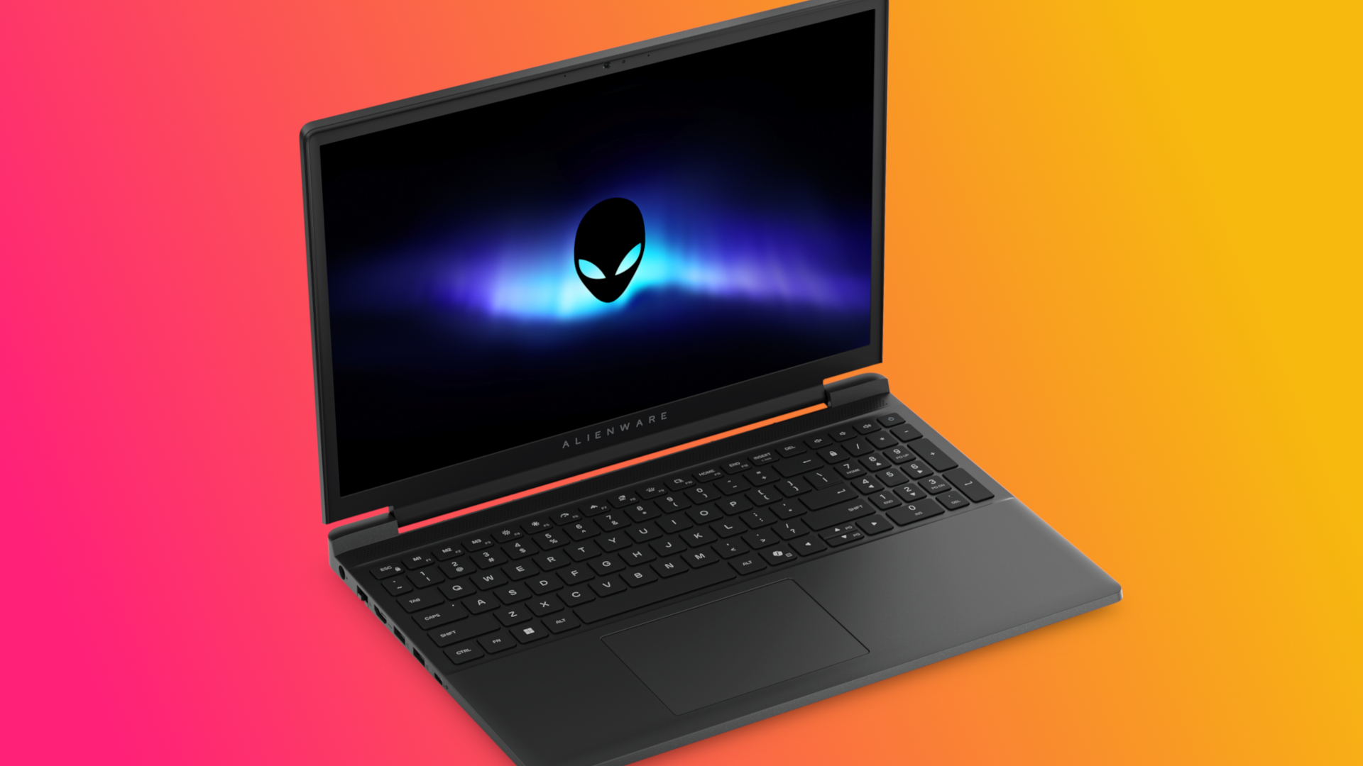 An angled view of the Alienware 15 sitting open.