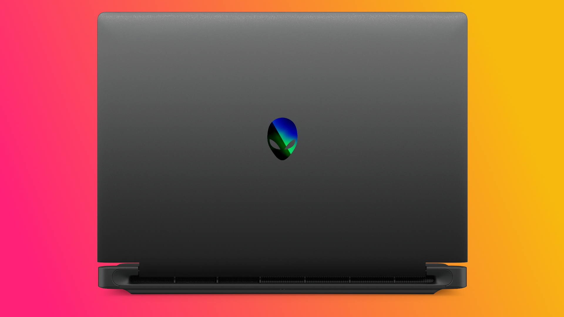 A rear view of the Alienware 15's lid, logo, and rear exhaust.
