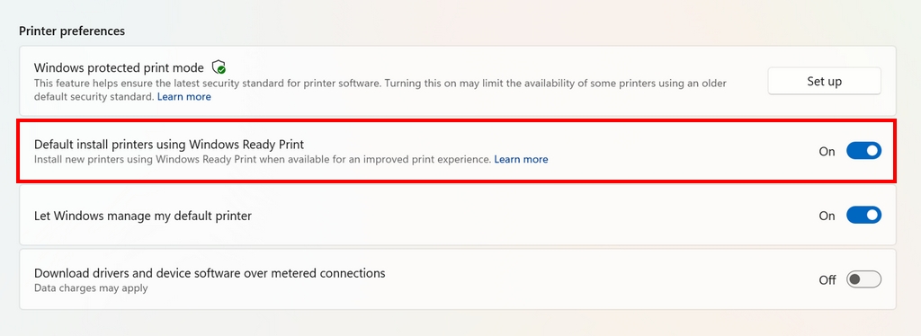 Настройки принтера Windows, показывающие опции Windows Ready Print и управление принтером с переключателями.