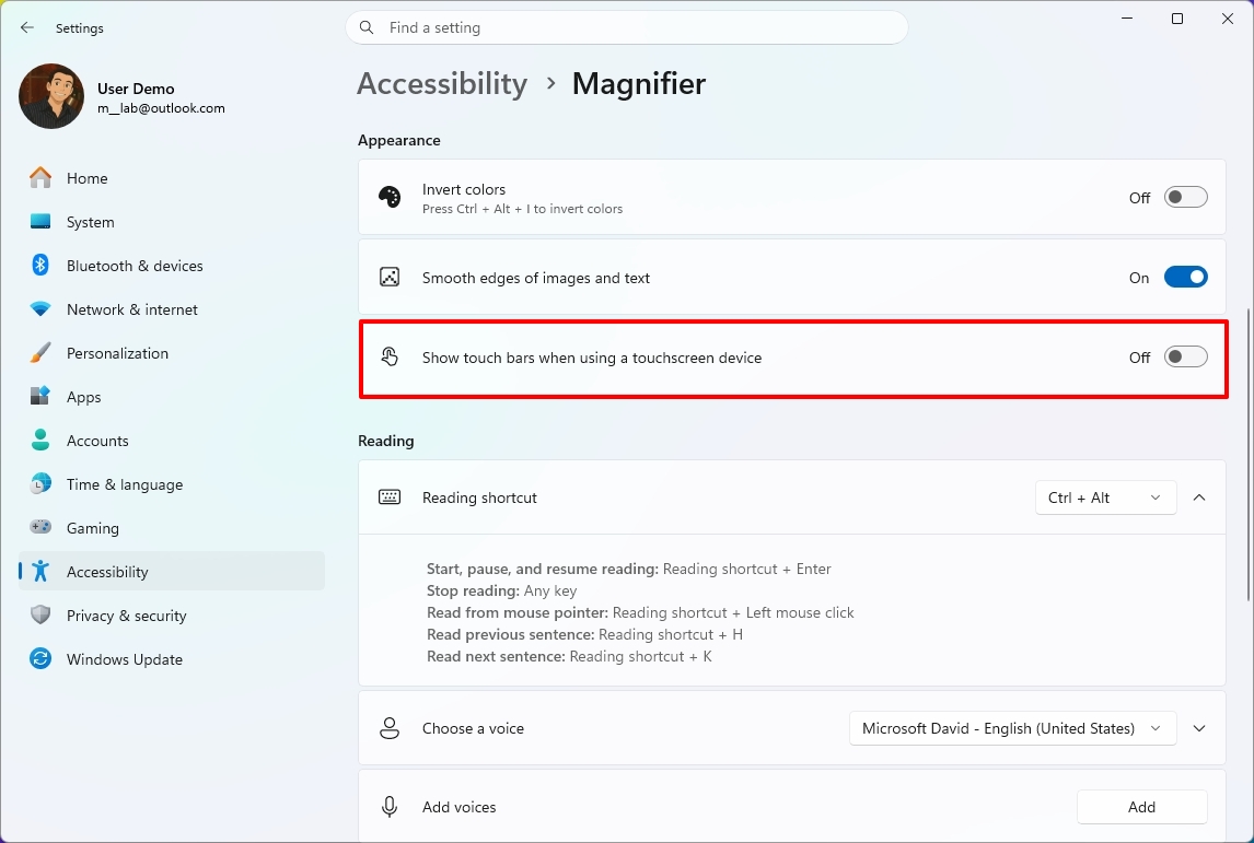 Экран настроек специальных возможностей Windows, демонстрирующий опцию "Показывать сенсорные поля".