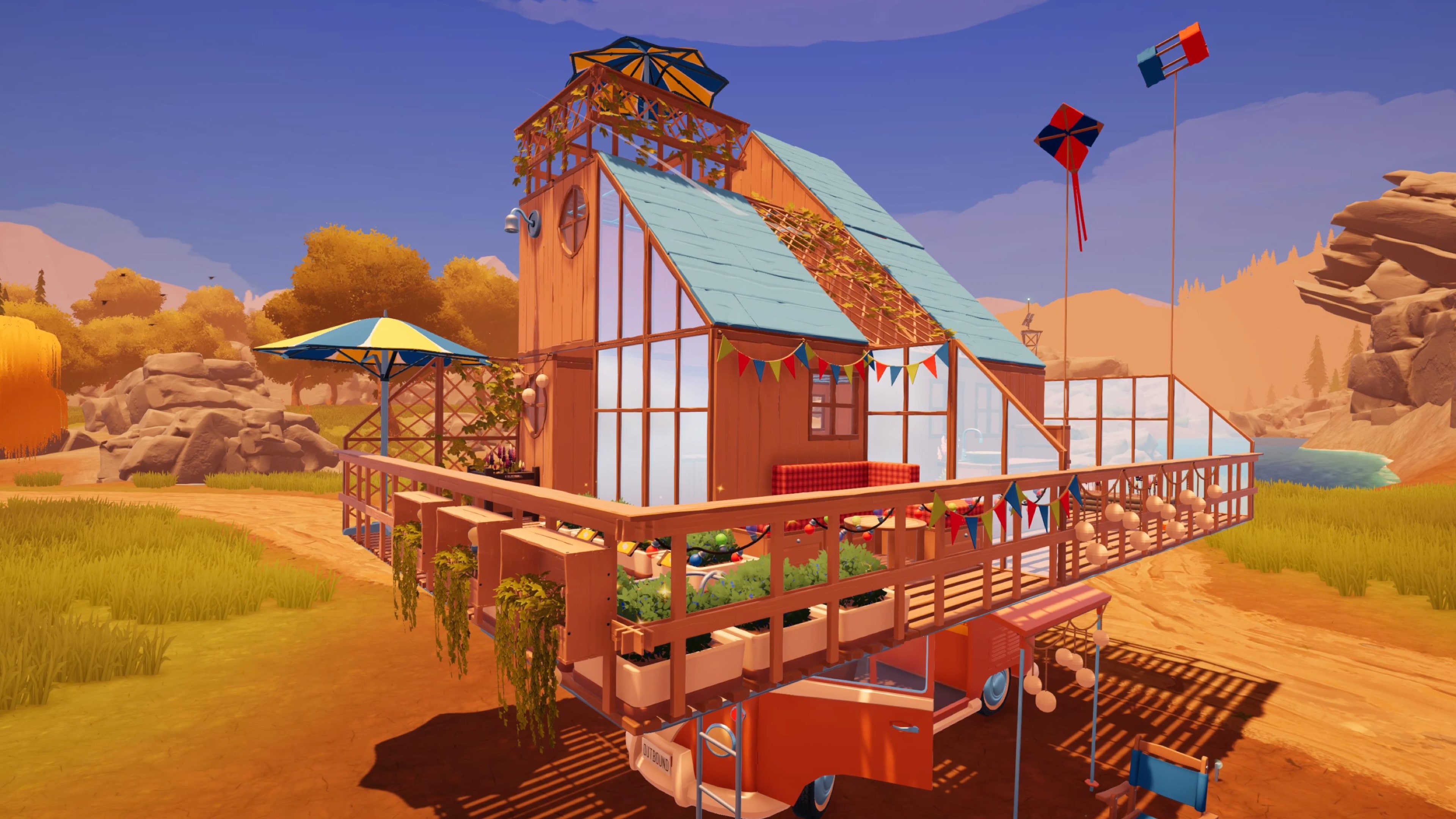 Скриншот из игры Outbound, показывающий, как игрок строит навес над фургоном, создавая жилое пространство