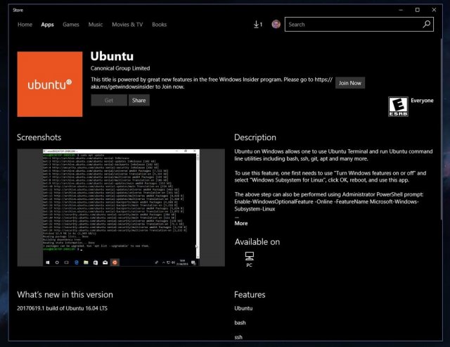 Ubuntu можно скачать в магазине Windows Store