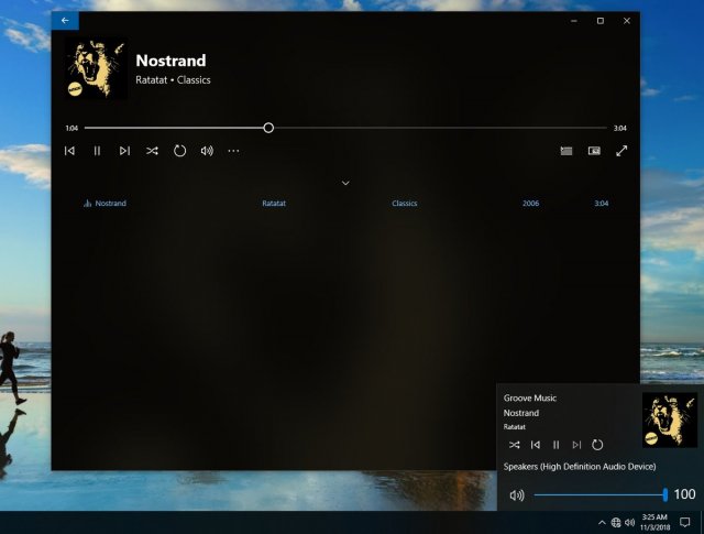 Windows 10 19H1 получит новое меню управления музыкой