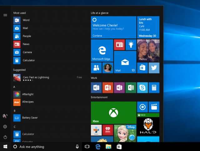 Меню Пуск теперь является отдельным приложением в Windows 10