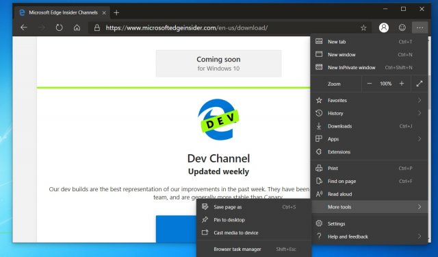 Microsoft Edge Dev для Windows 10 получает улучшения темного режима