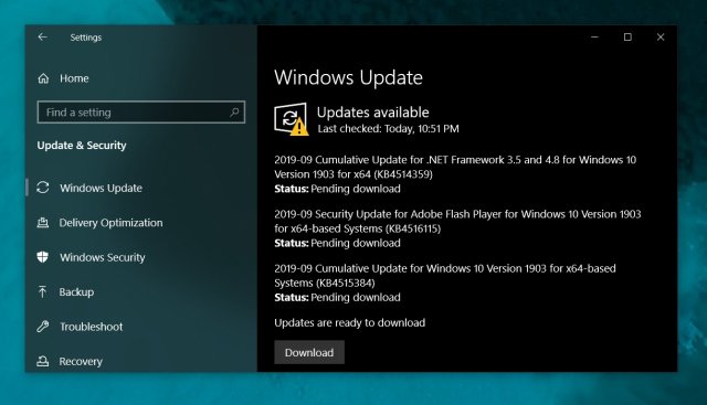 Доступно накопительное обновление Windows 10 Build 18362.356 (KB4515384)