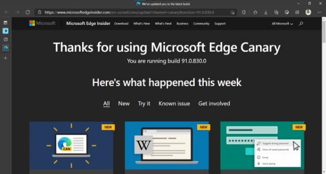 Microsoft Edge Canary теперь подробно описывает новые функции на странице новой вкладки