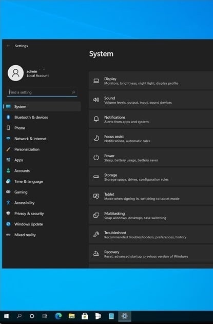 Скриншот приложения «Параметры» в Windows 11 (Sun Valley)
