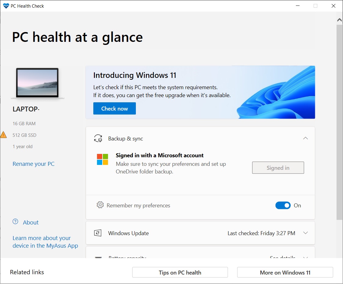 Check pc health Microsoft is