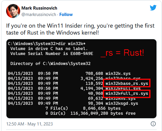 Rust появился в ядре Windows 11
